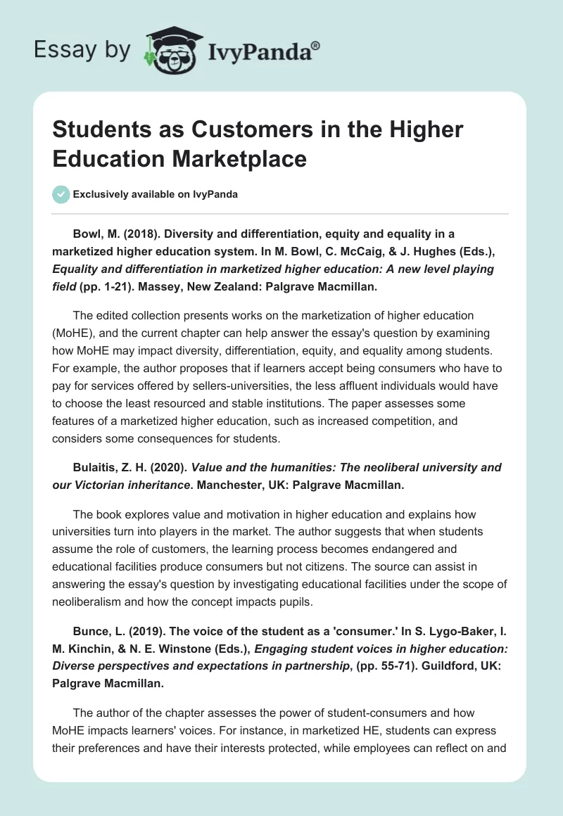 Students as Customers in the Higher Education Marketplace. Page 1