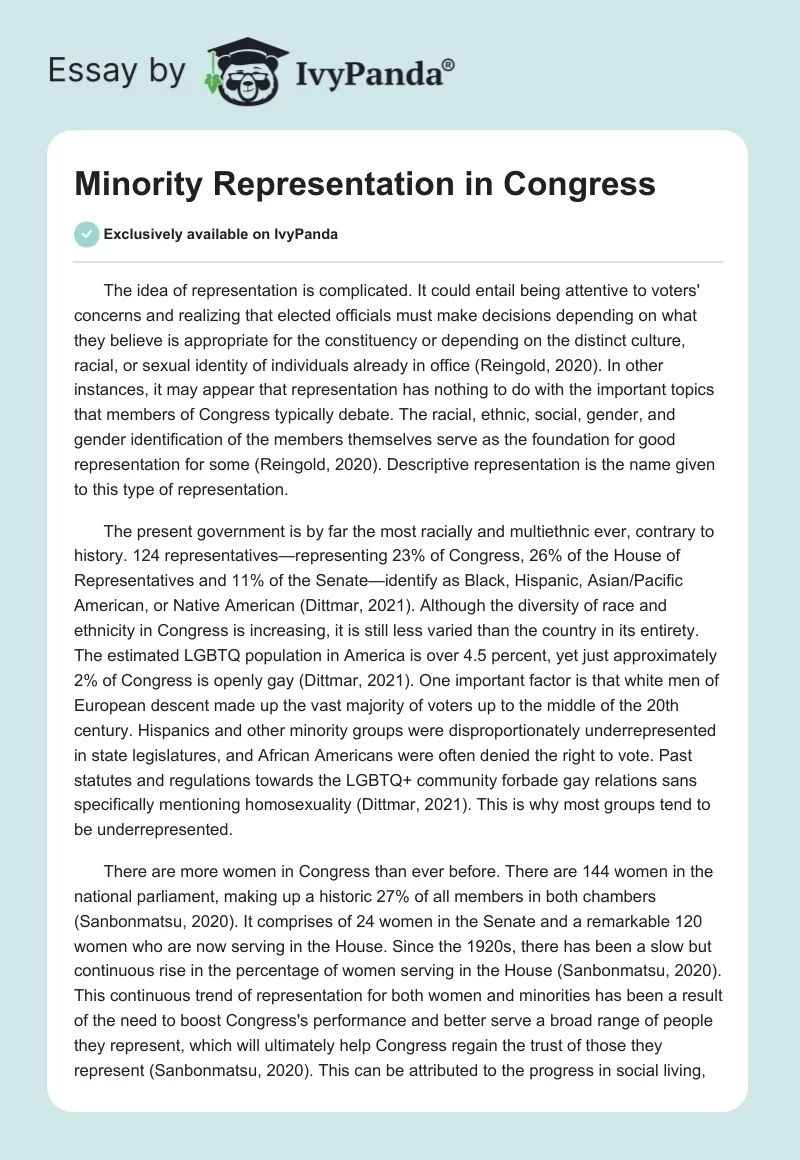 Minority Representation in Congress. Page 1