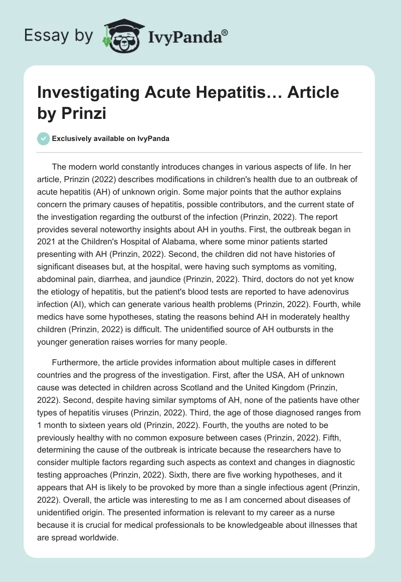"Investigating Acute Hepatitis…" Article by Prinzi. Page 1