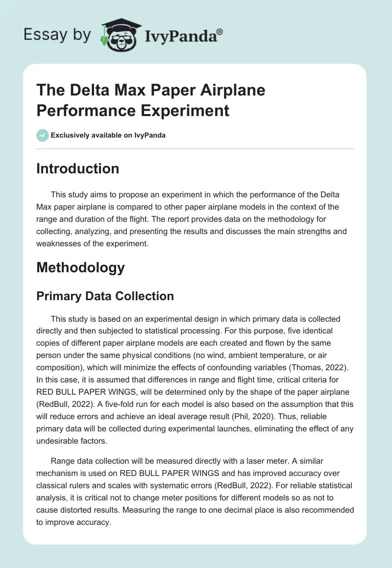 The Delta Max Paper Airplane Performance Experiment. Page 1