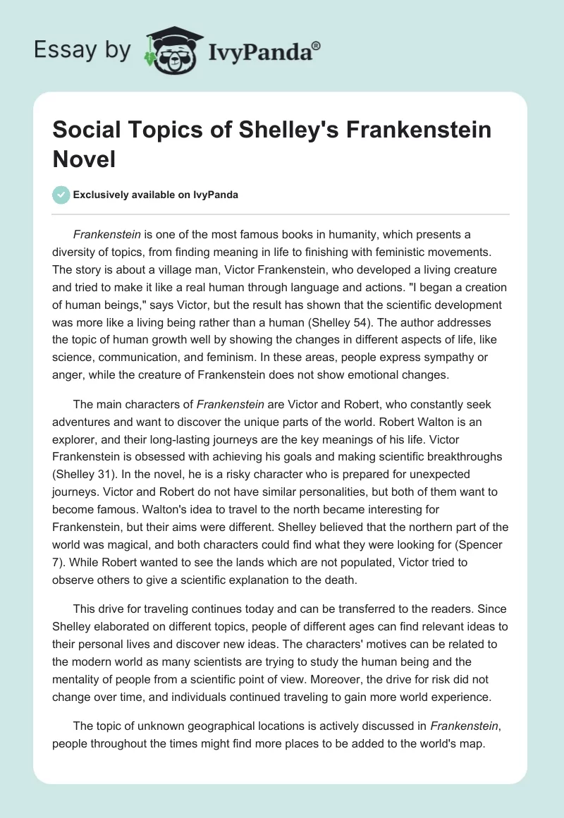Social Topics of Shelley's Frankenstein Novel. Page 1