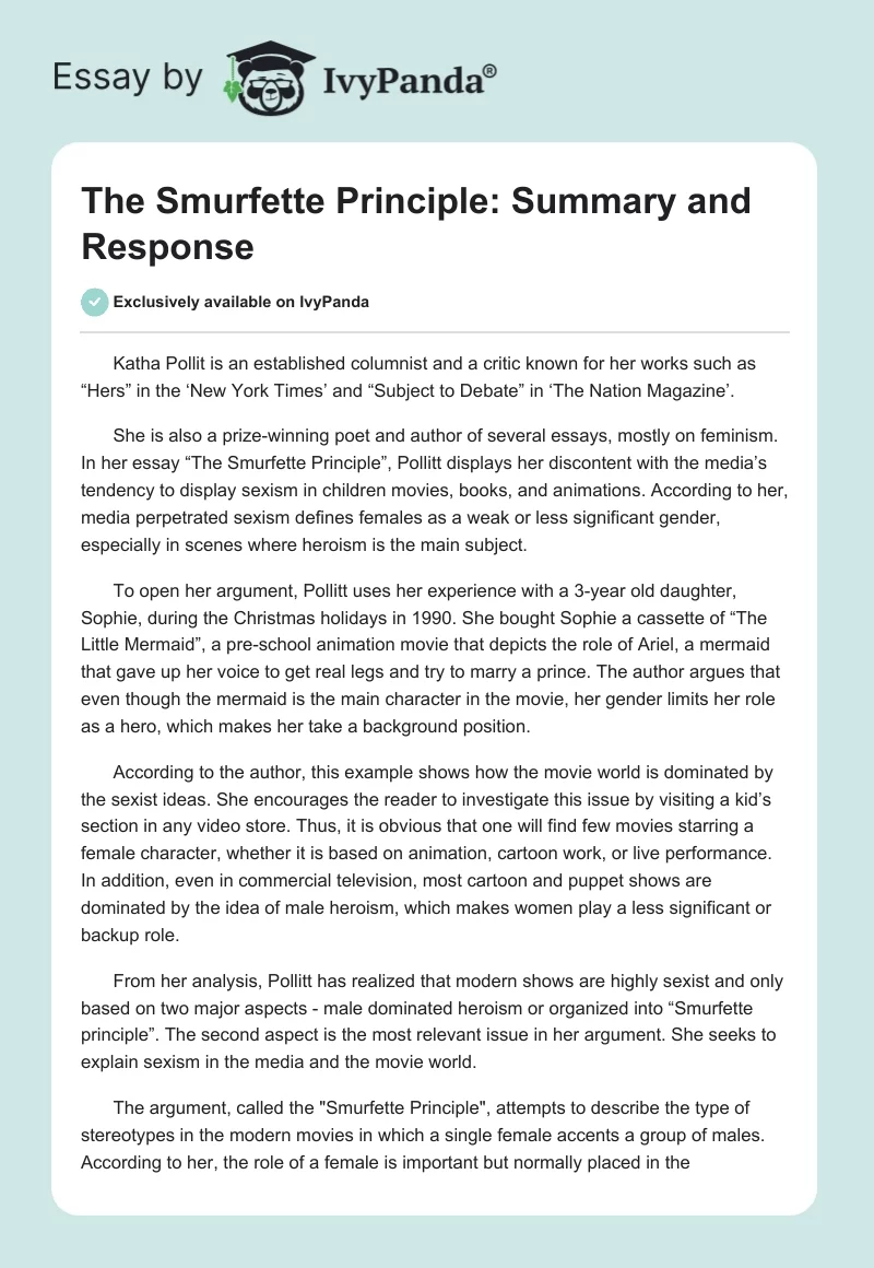 The Smurfette Principle: Summary and Response. Page 1