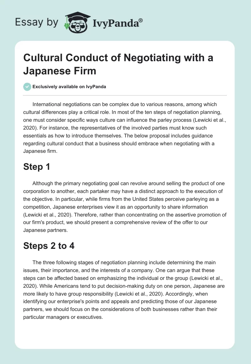 Cultural Conduct of Negotiating with a Japanese Firm. Page 1