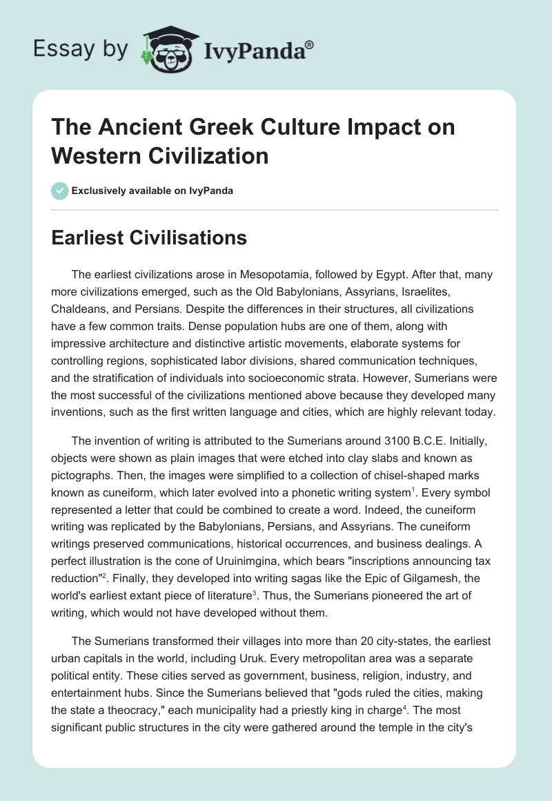 The Ancient Greek Culture Impact on Western Civilization. Page 1