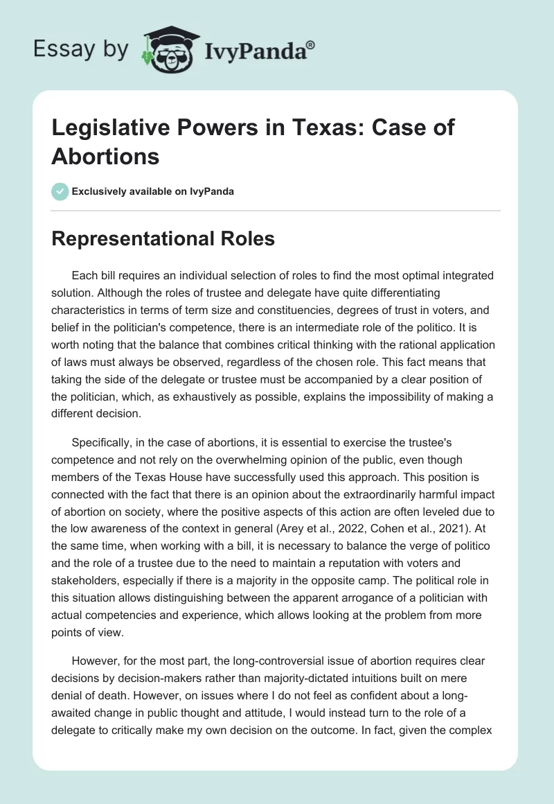 Legislative Powers in Texas: Case of Abortions. Page 1
