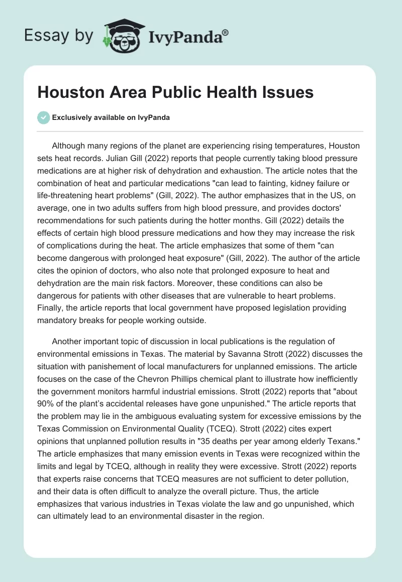Houston Area Public Health Issues. Page 1