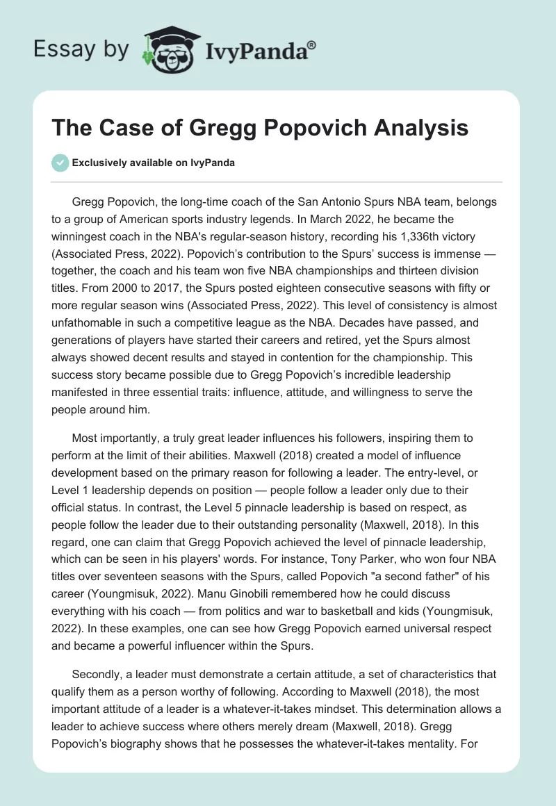 The Case of Gregg Popovich Analysis. Page 1