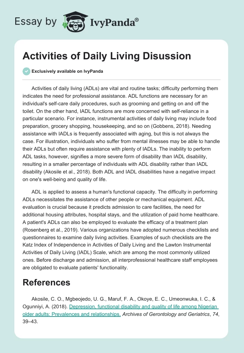 Activities of Daily Living Disussion. Page 1
