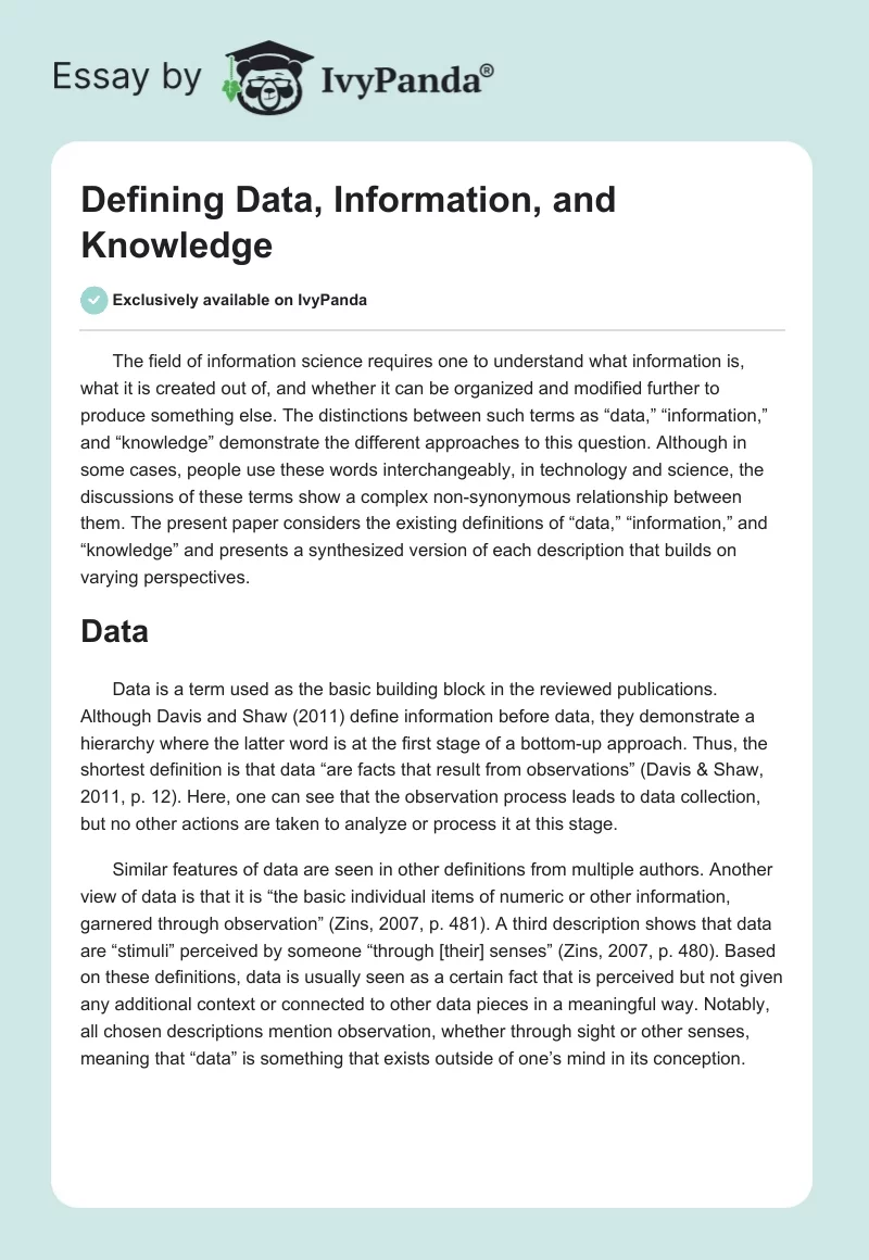 Defining Data, Information, and Knowledge. Page 1