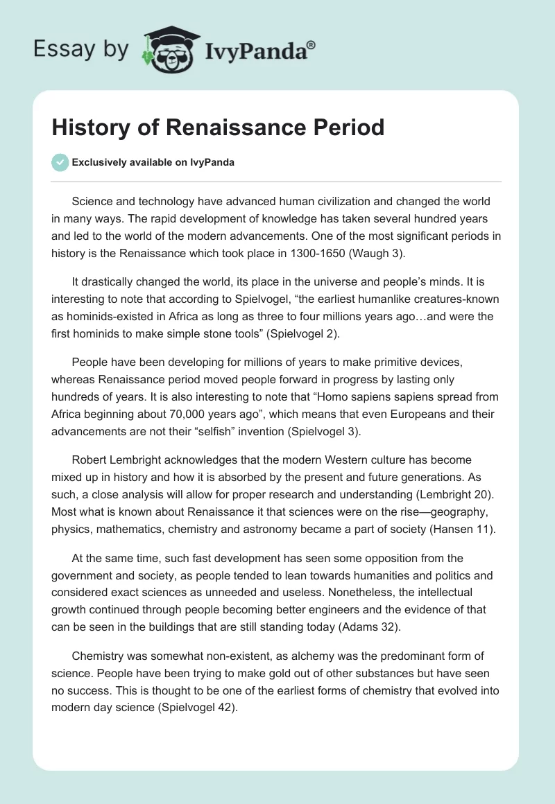 History of Renaissance Period. Page 1