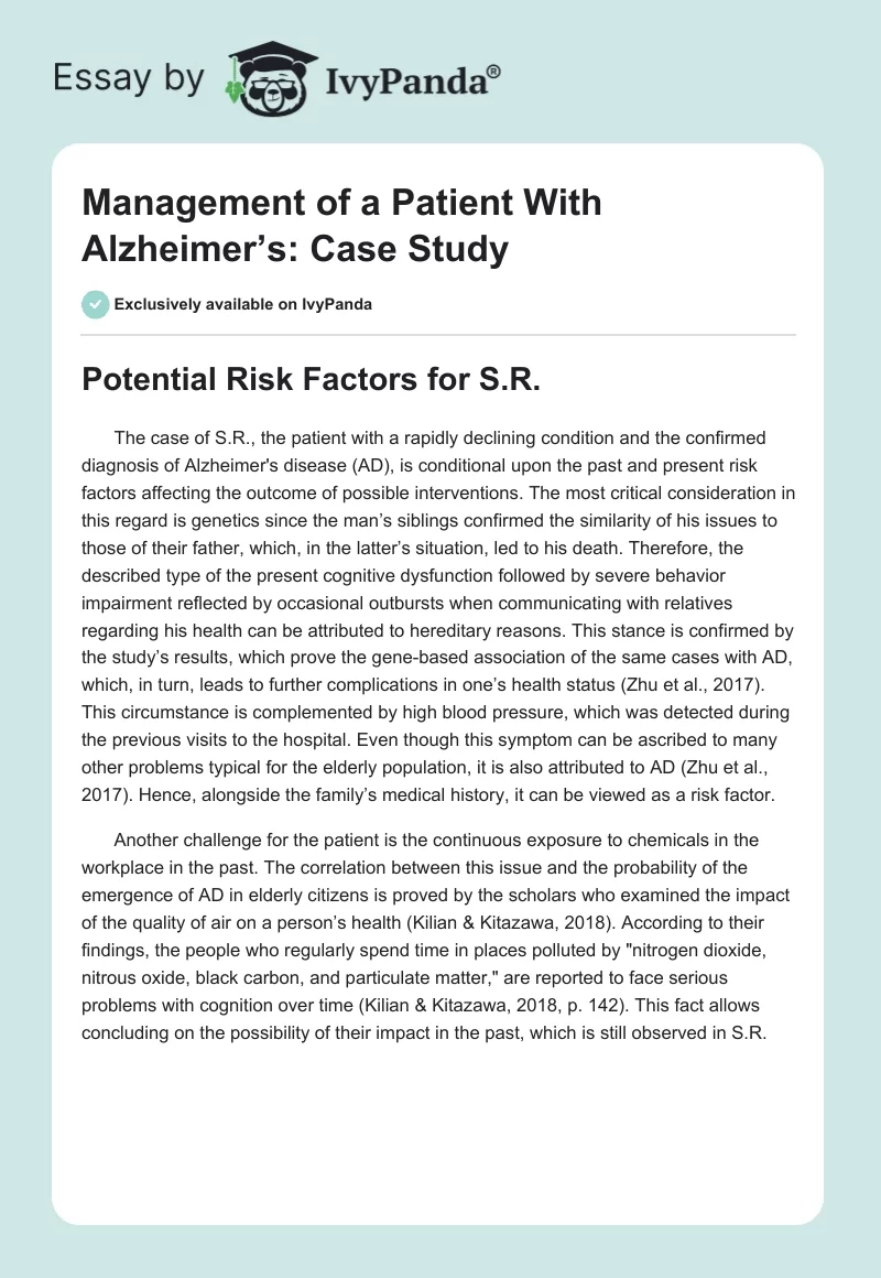Management of a Patient With Alzheimer’s: Case Study. Page 1