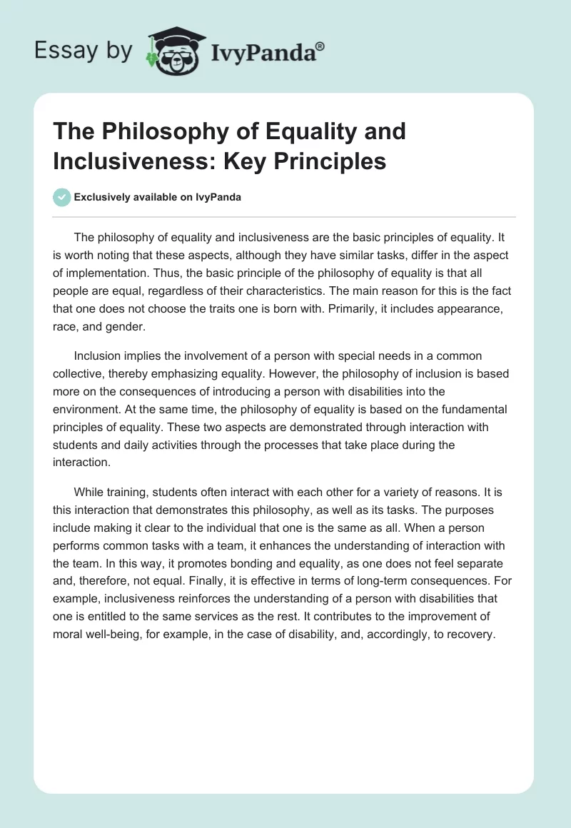 The Philosophy of Equality and Inclusiveness: Key Principles. Page 1