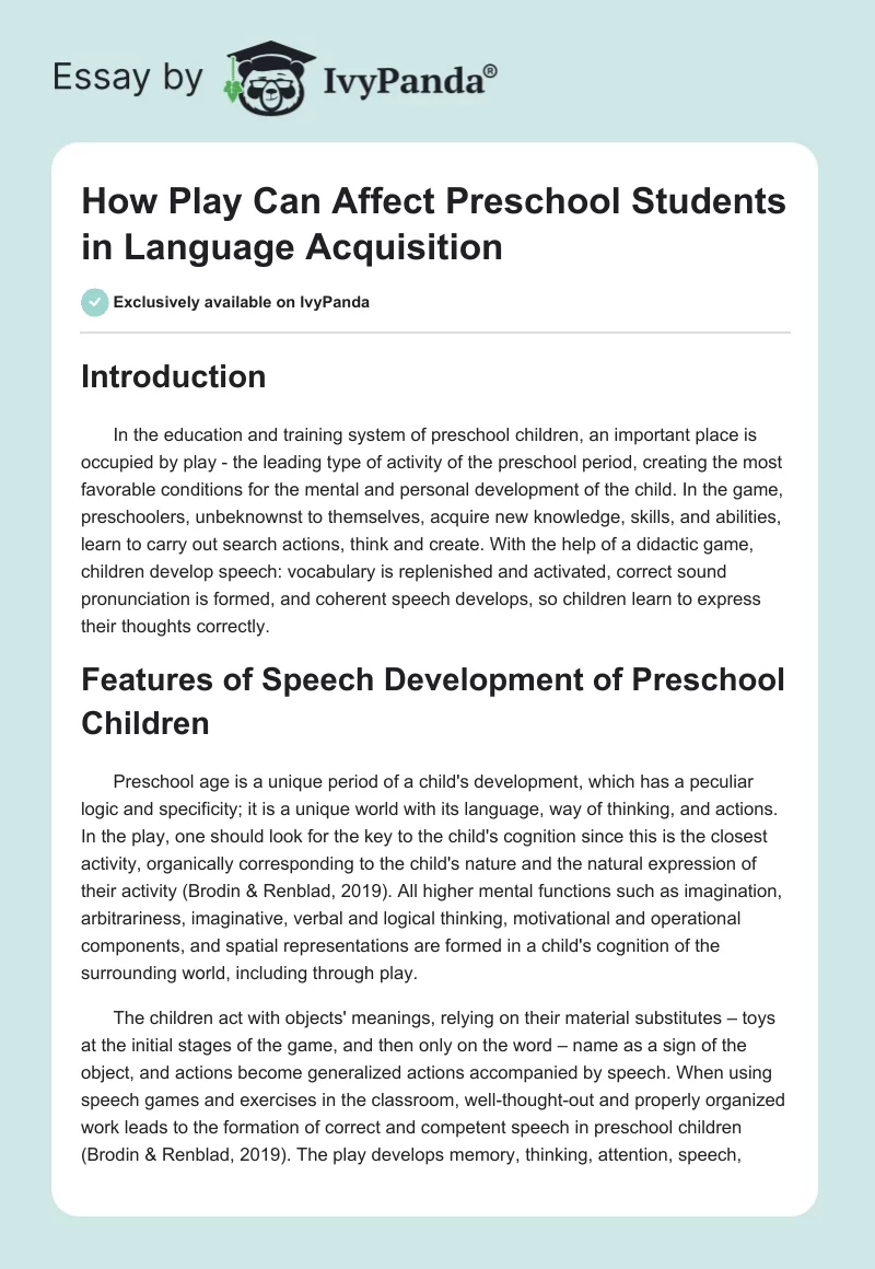 How "Play" Can Affect Preschool Students in Language Acquisition. Page 1