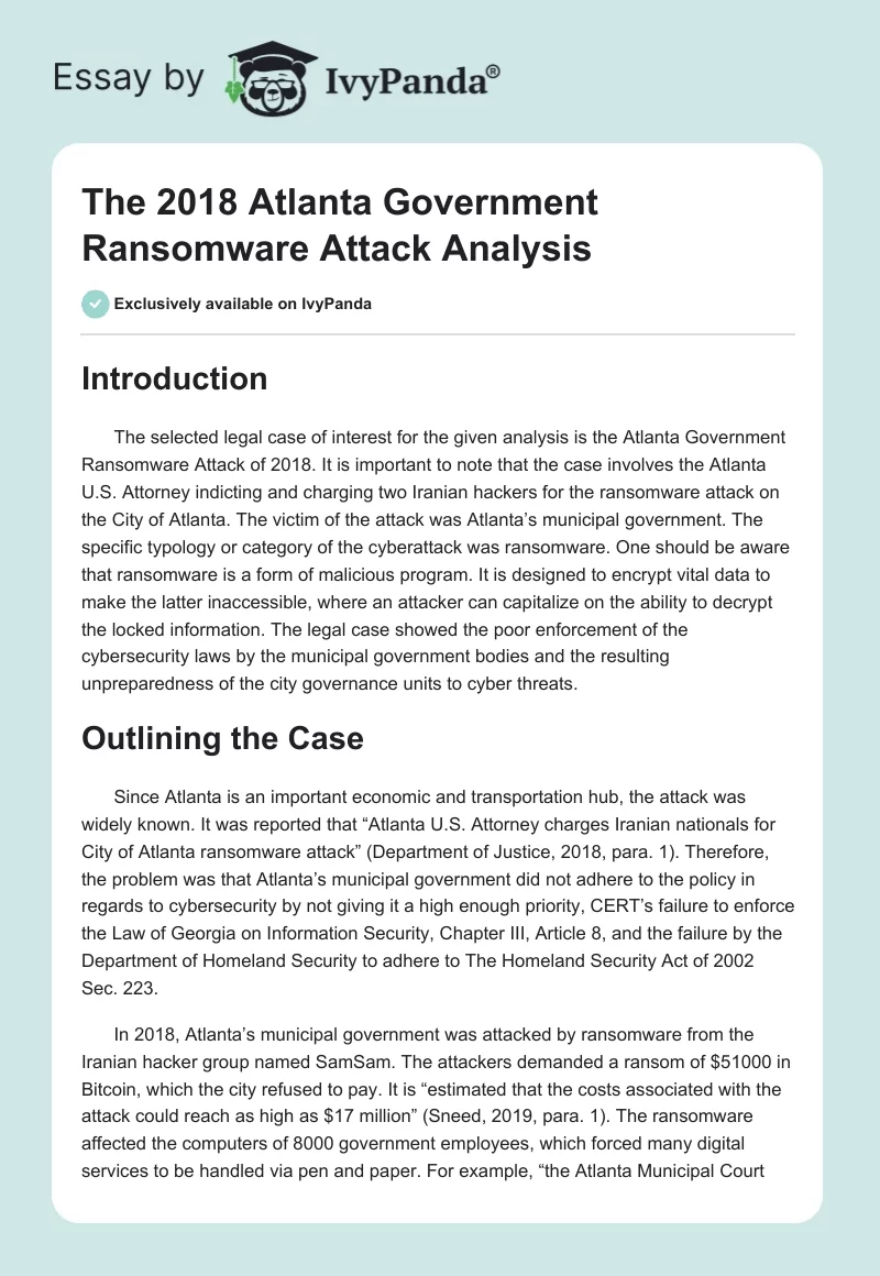 The 2018 Atlanta Government Ransomware Attack Analysis. Page 1