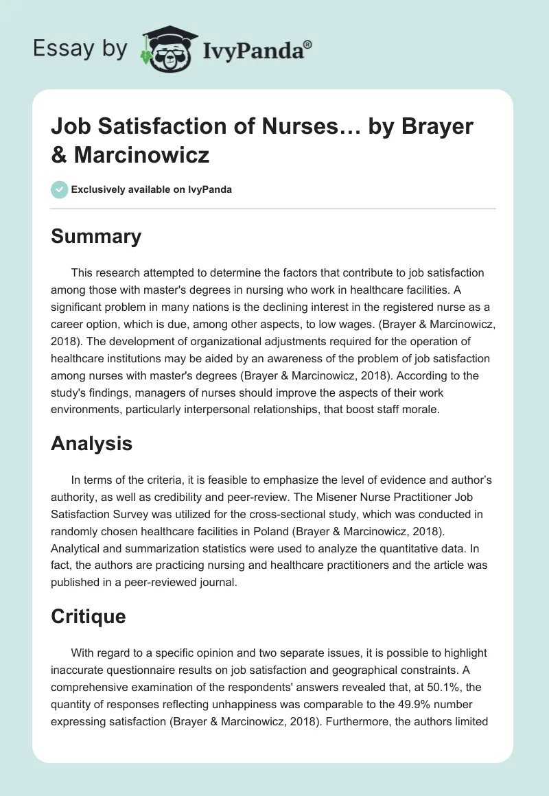 "Job Satisfaction of Nurses…" by Brayer & Marcinowicz. Page 1