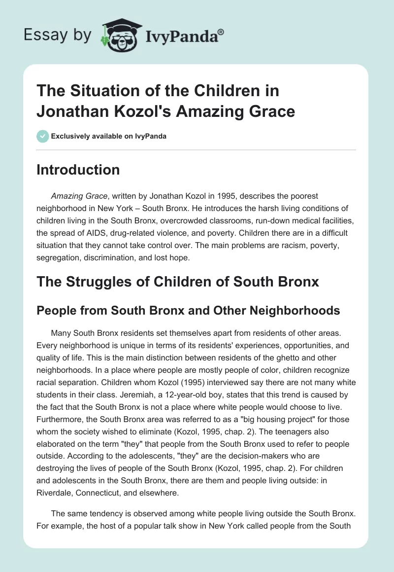 The Situation of the Children in Jonathan Kozol's "Amazing Grace". Page 1