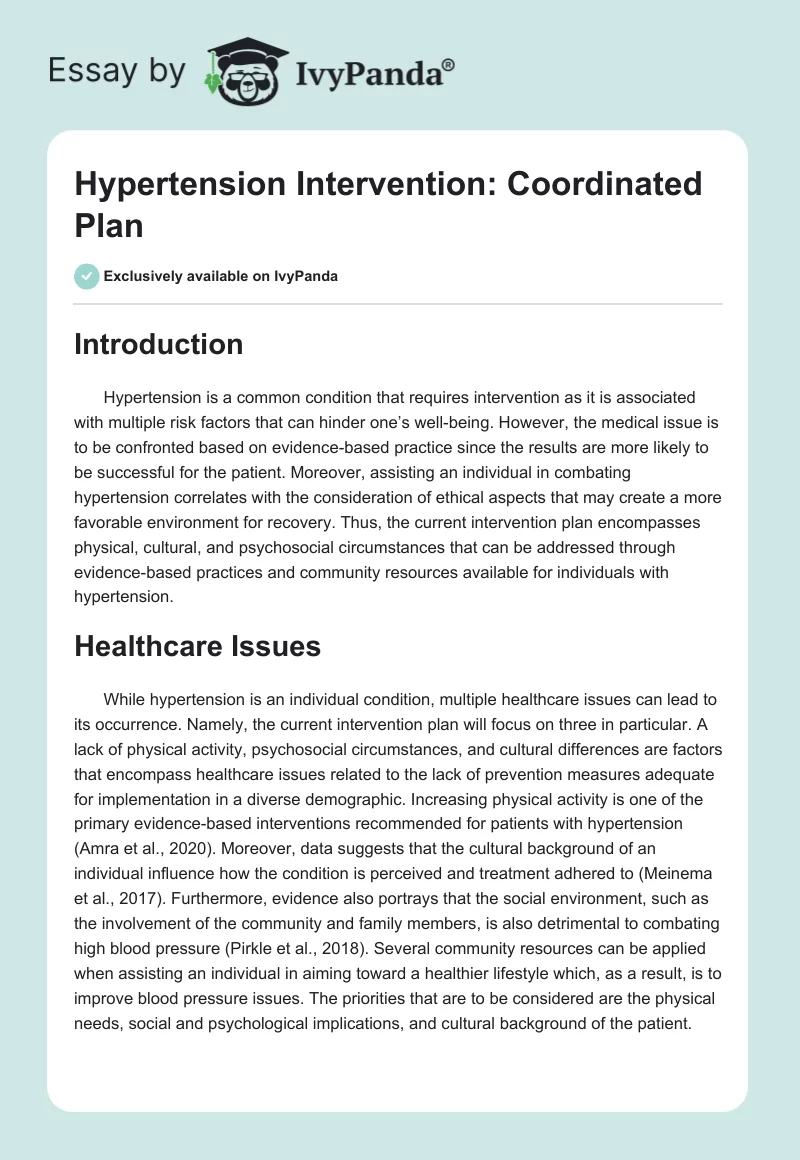 Hypertension Intervention: Coordinated Plan. Page 1