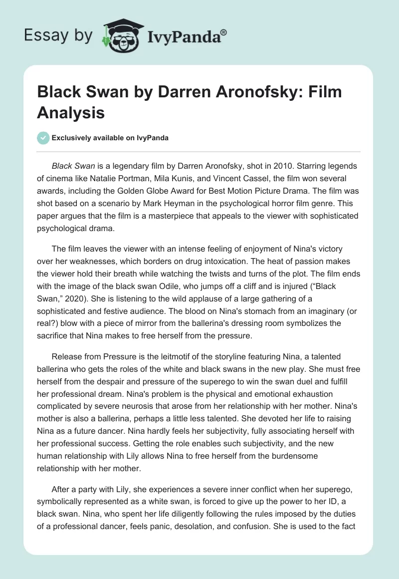 "Black Swan" by Darren Aronofsky: Film Analysis. Page 1