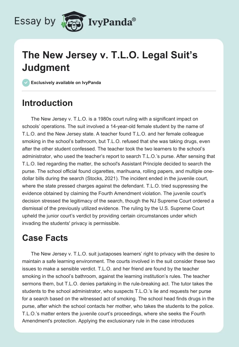 The New Jersey v. T.L.O. Legal Suit’s Judgment. Page 1