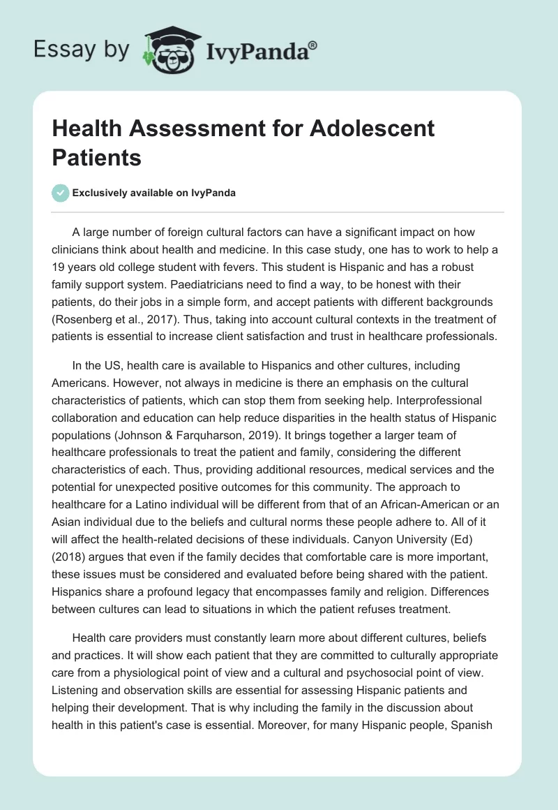 Health Assessment for Adolescent Patients. Page 1