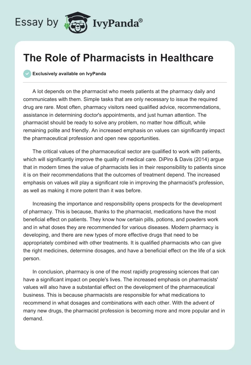 The Role of Pharmacists in Healthcare. Page 1
