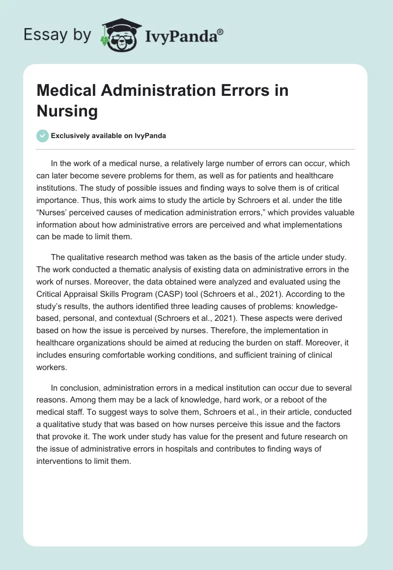 Medical Administration Errors in Nursing. Page 1