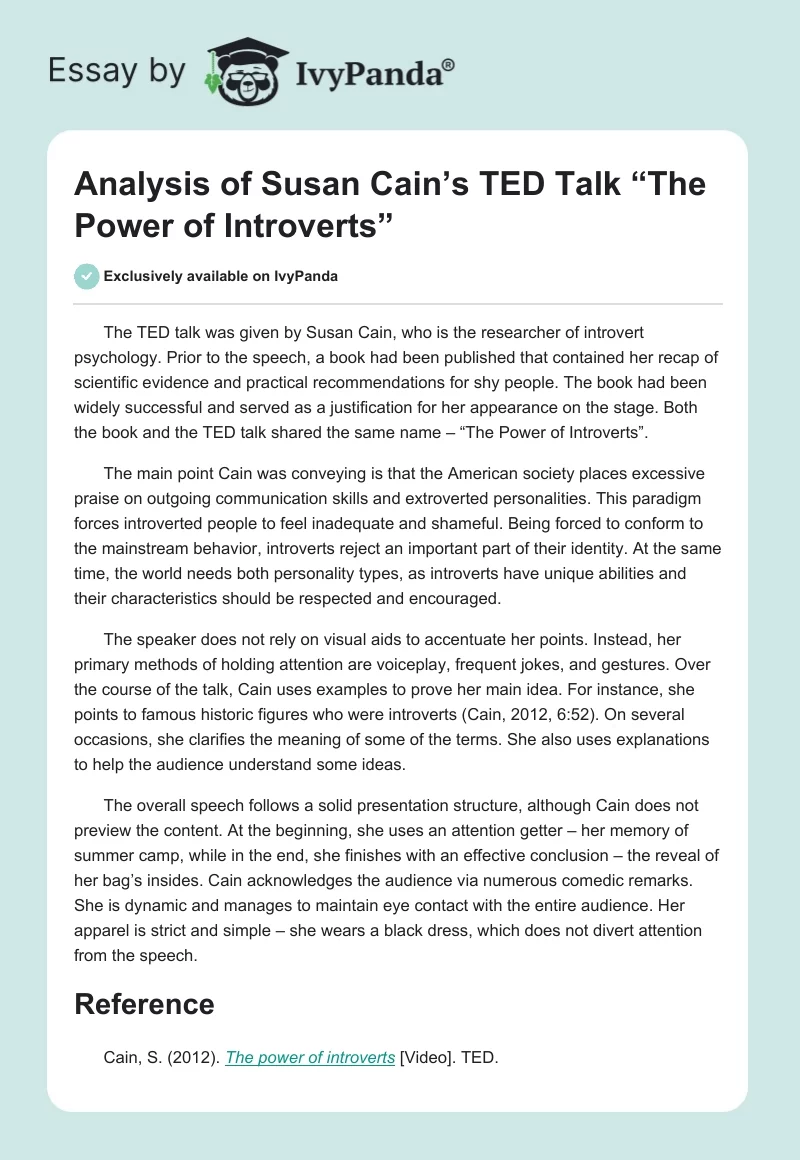 Analysis of Susan Cain’s TED Talk “The Power of Introverts”. Page 1