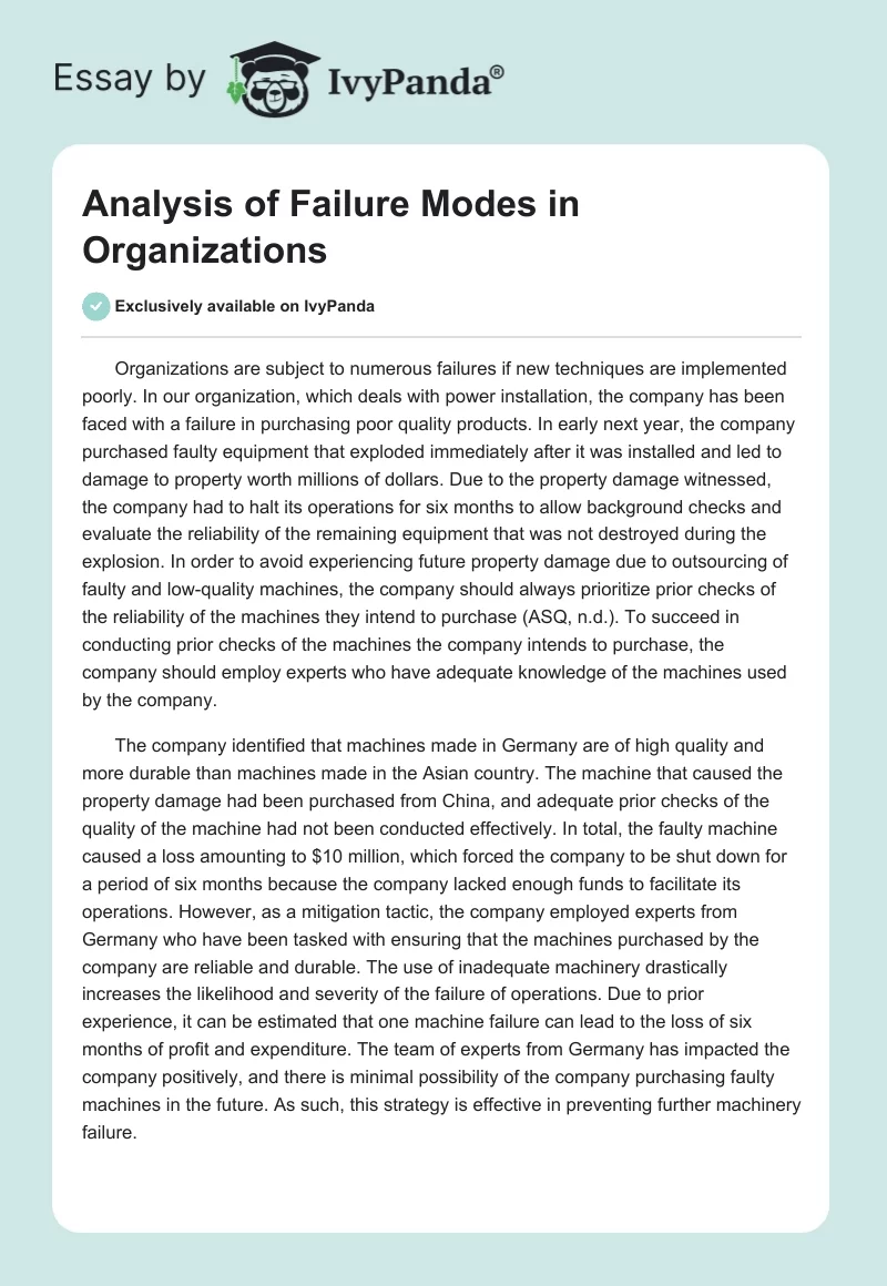 Analysis of Failure Modes in Organizations. Page 1