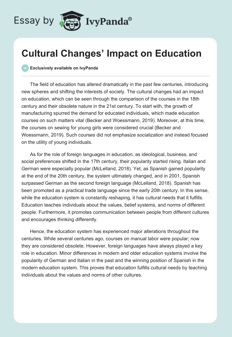 Cultural Changes’ Impact on Education. Page 1