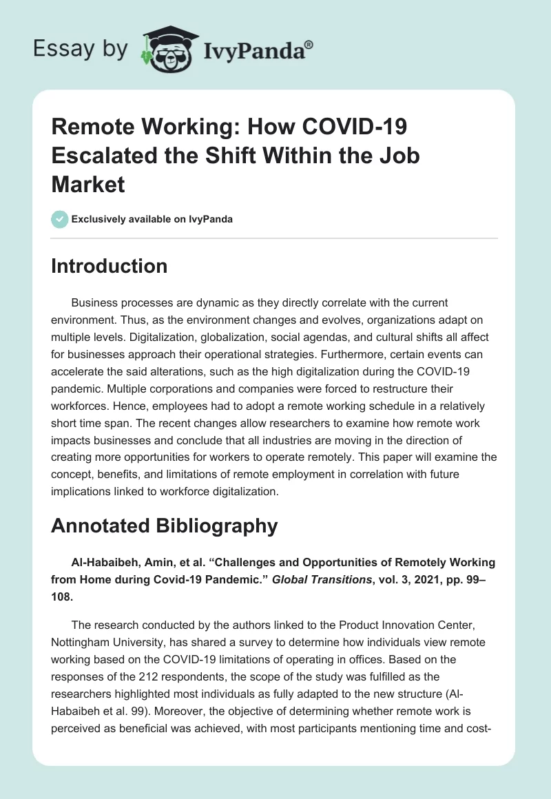 Remote Working: How COVID-19 Escalated the Shift Within the Job Market. Page 1