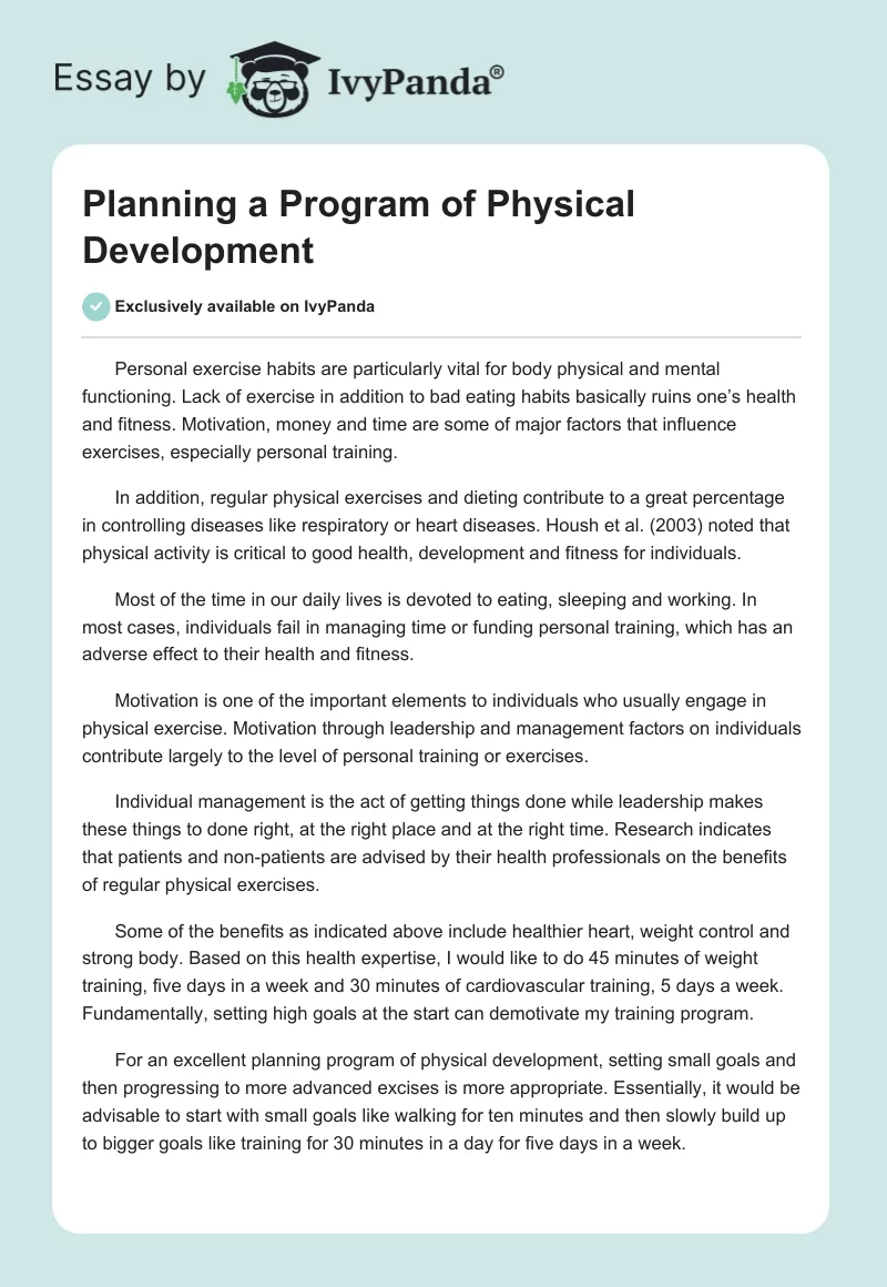 Planning a Program of Physical Development. Page 1
