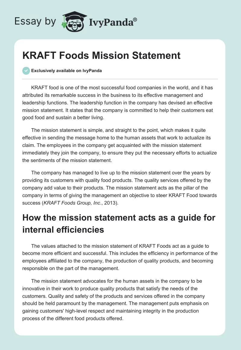 KRAFT Foods Mission Statement. Page 1