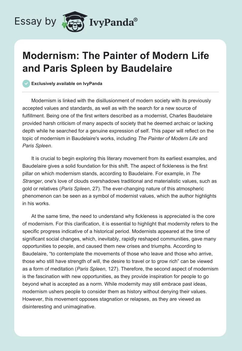 Modernism: "The Painter of Modern Life" and "Paris Spleen" by Baudelaire. Page 1