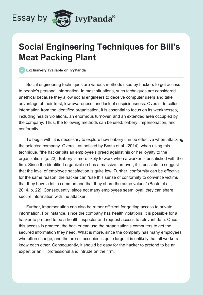 Social Engineering Techniques for Bill’s Meat Packing Plant. Page 1