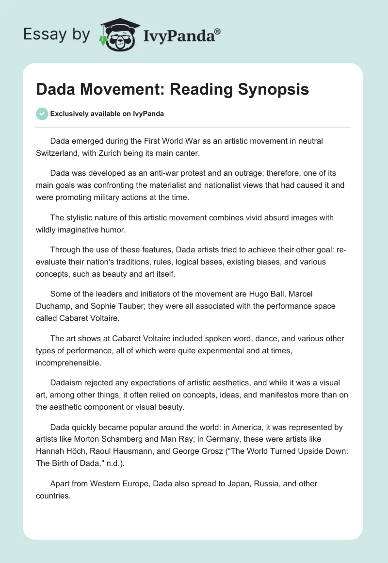 Dada Movement: Reading Synopsis. Page 1