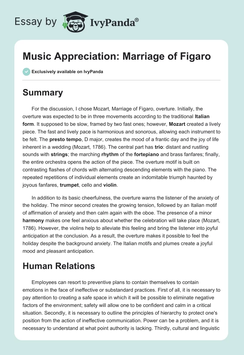 Music Appreciation: Marriage of Figaro. Page 1