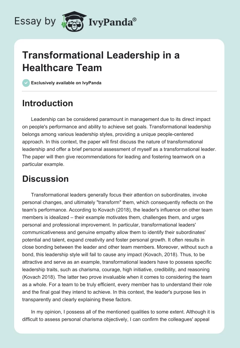 Transformational Leadership in a Healthcare Team. Page 1