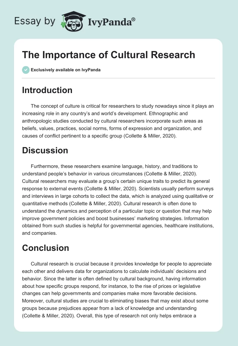 The Importance of Cultural Research. Page 1