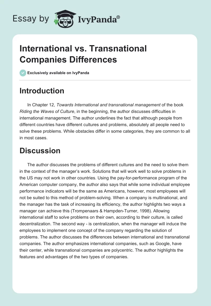 International vs. Transnational Companies Differences. Page 1