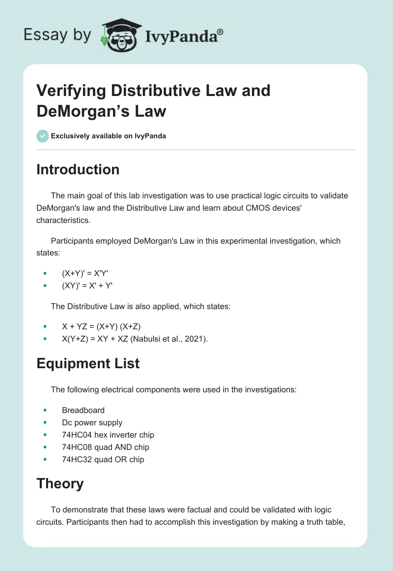 Verifying Distributive Law and DeMorgan’s Law. Page 1