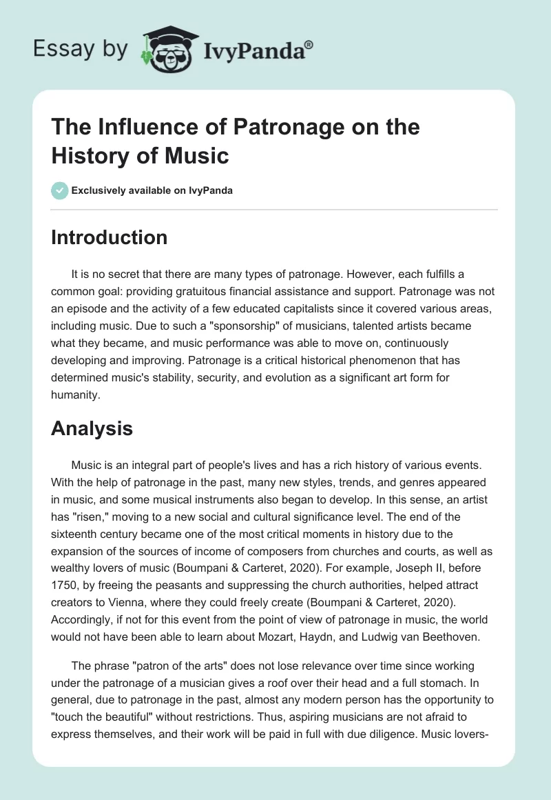 The Influence of Patronage on the History of Music. Page 1