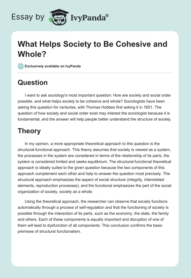 What Helps Society to Be Cohesive and Whole?. Page 1