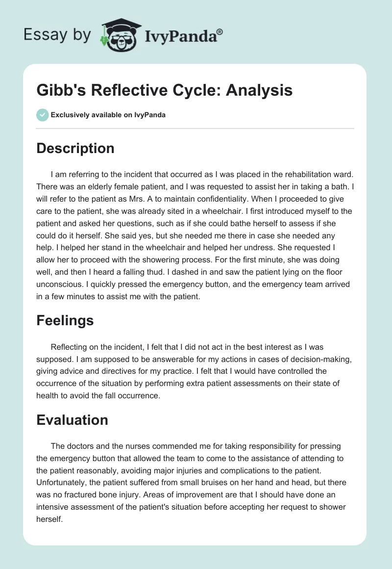 Gibb's Reflective Cycle: Analysis. Page 1