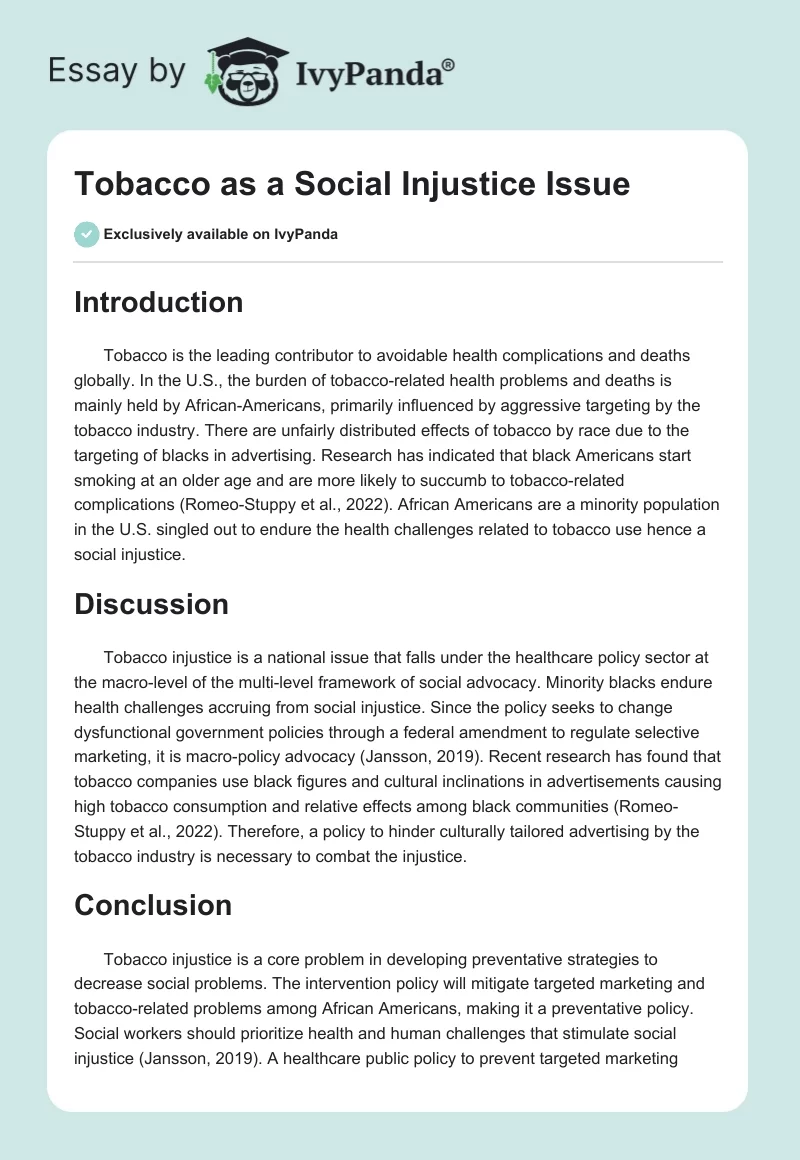 Tobacco as a Social Injustice Issue. Page 1