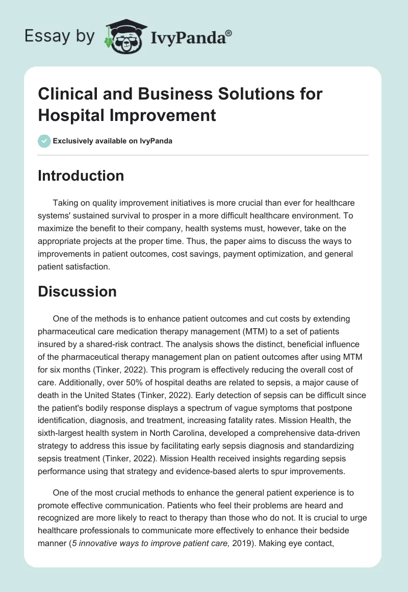 Clinical and Business Solutions for Hospital Improvement. Page 1