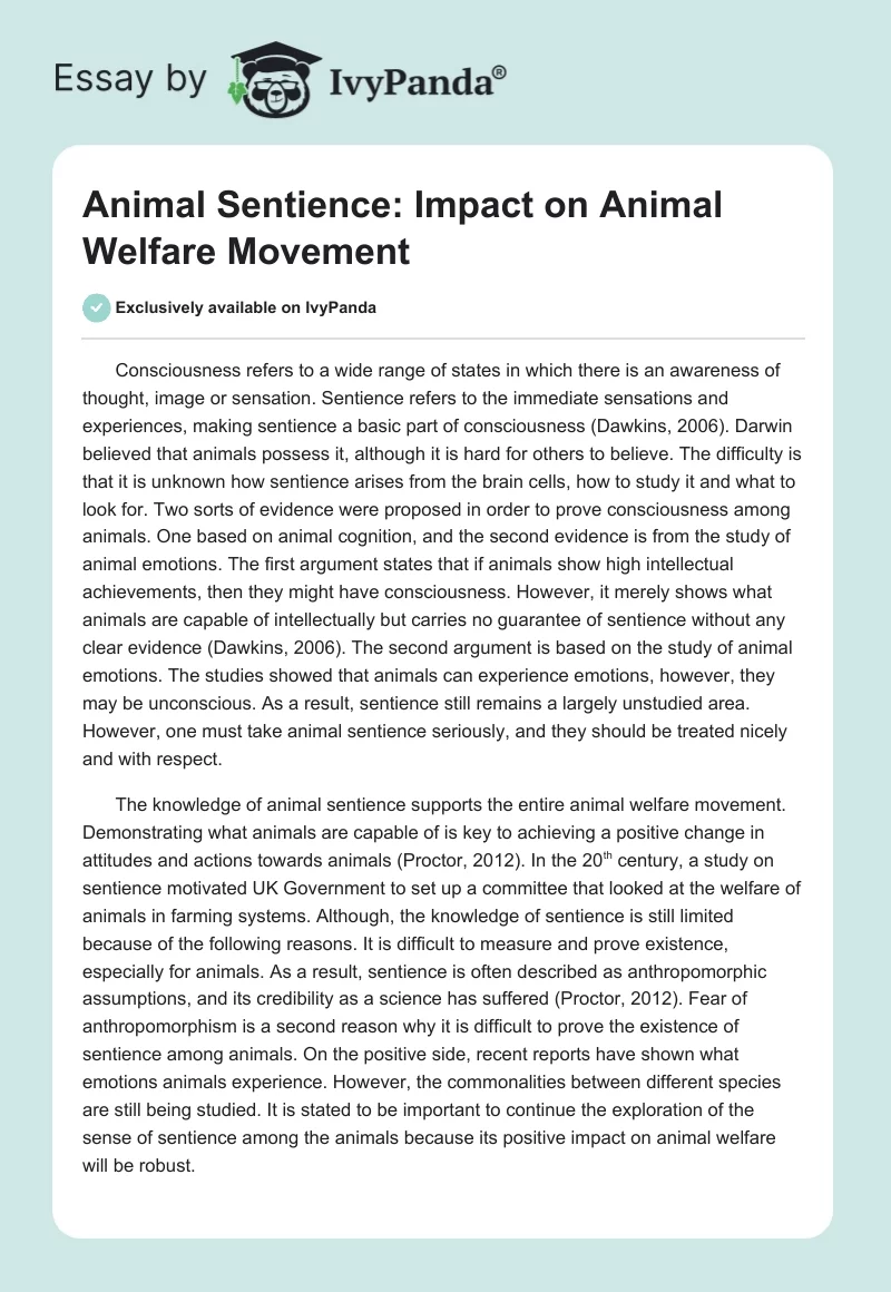 Animal Sentience: Impact on Animal Welfare Movement. Page 1