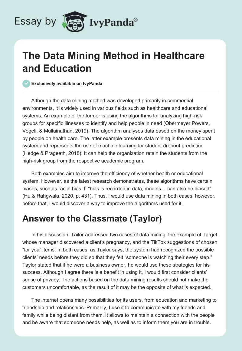 The Data Mining Method in Healthcare and Education. Page 1