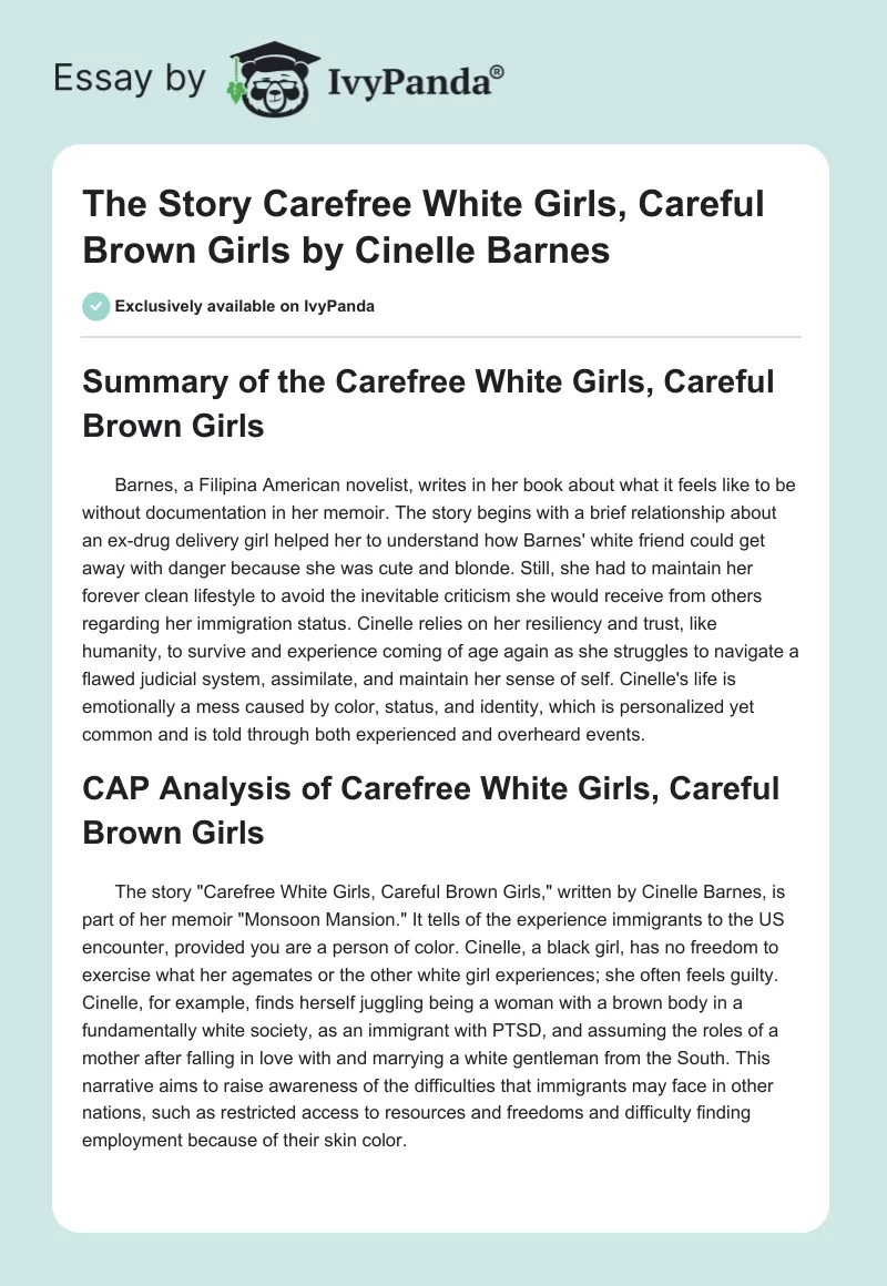 The Story "Carefree White Girls, Careful Brown Girls" by Cinelle Barnes. Page 1