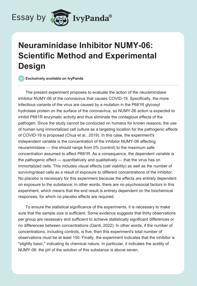 Neuraminidase Inhibitor NUMY-06: Scientific Method and Experimental Design. Page 1