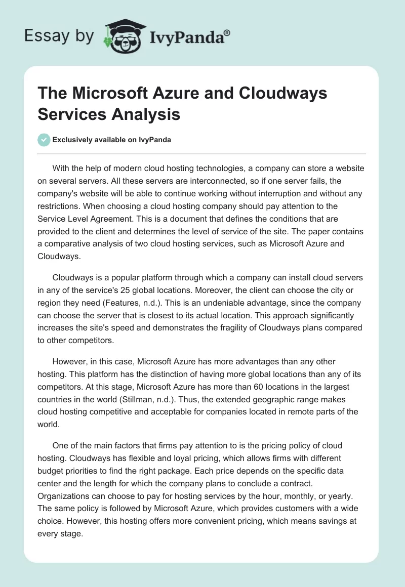 The Microsoft Azure and Cloudways Services Analysis. Page 1